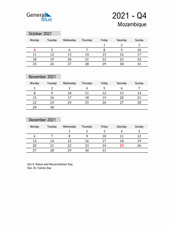 Mozambique Quarter 4 2021 Calendar with Holidays