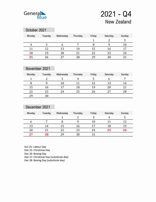 New Zealand Quarter 4 2021 Calendar with Holidays