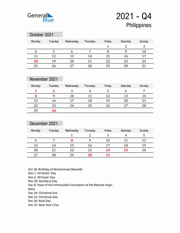Philippines Quarter 4 2021 Calendar with Holidays