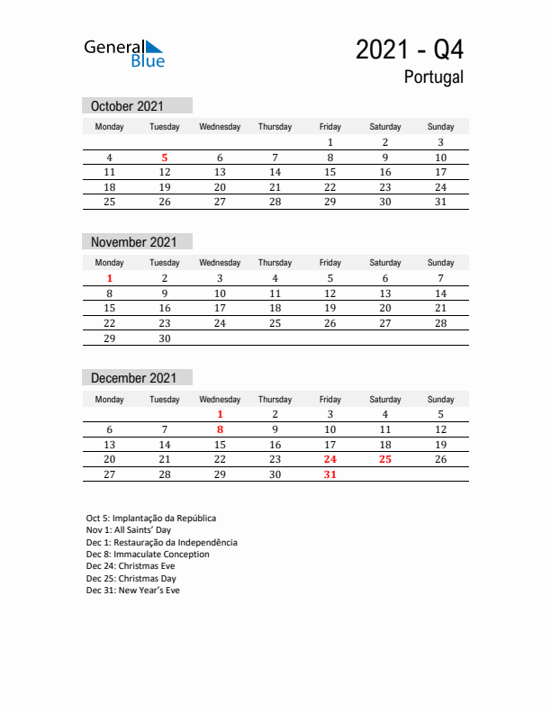 Portugal Quarter 4 2021 Calendar with Holidays