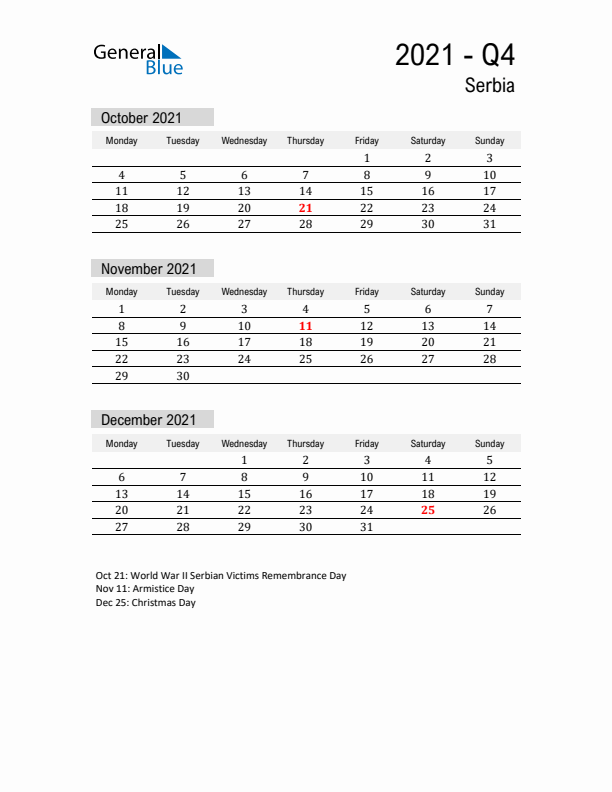 Serbia Quarter 4 2021 Calendar with Holidays