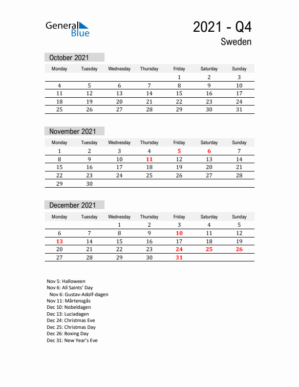 Sweden Quarter 4 2021 Calendar with Holidays