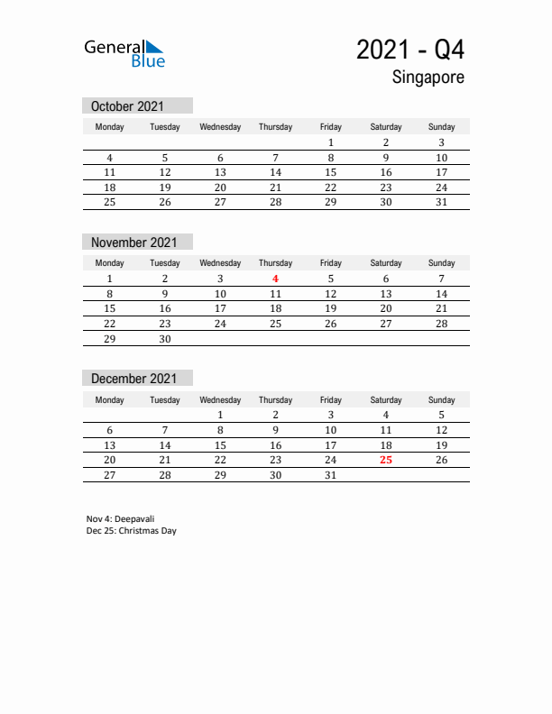 Singapore Quarter 4 2021 Calendar with Holidays