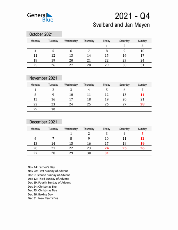 Svalbard and Jan Mayen Quarter 4 2021 Calendar with Holidays