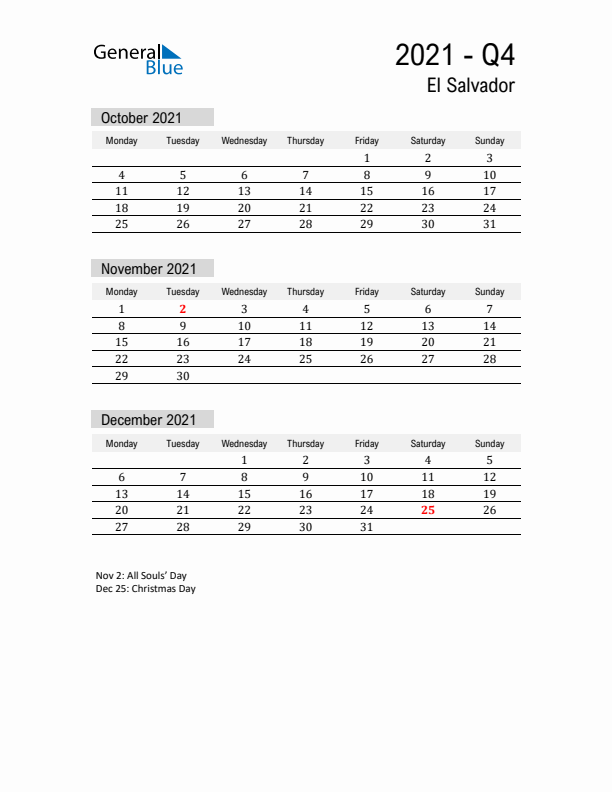 El Salvador Quarter 4 2021 Calendar with Holidays