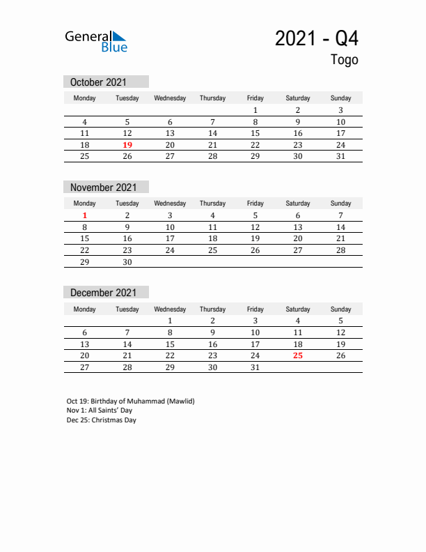 Togo Quarter 4 2021 Calendar with Holidays