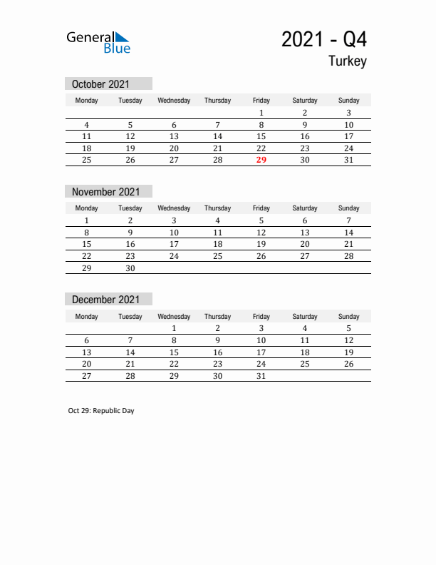 Turkey Quarter 4 2021 Calendar with Holidays