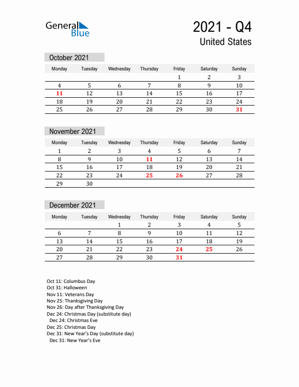 United States Quarter 4 2021 Calendar with Holidays
