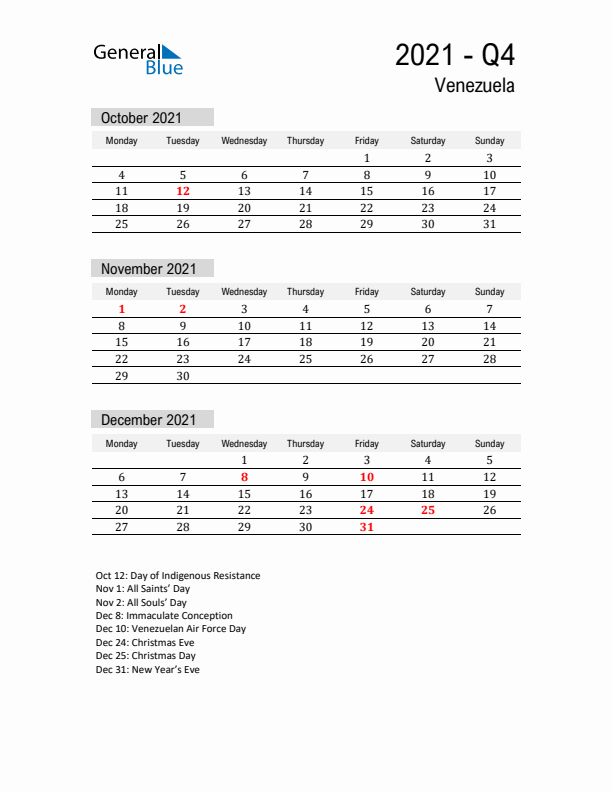 Venezuela Quarter 4 2021 Calendar with Holidays