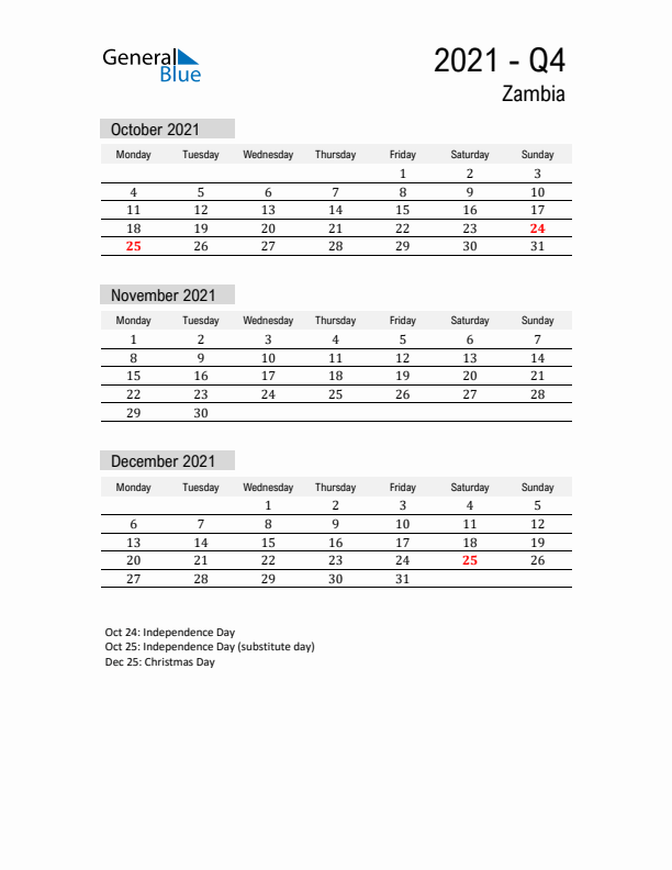 Zambia Quarter 4 2021 Calendar with Holidays