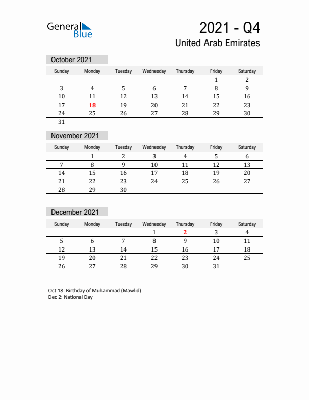 United Arab Emirates Quarter 4 2021 Calendar with Holidays