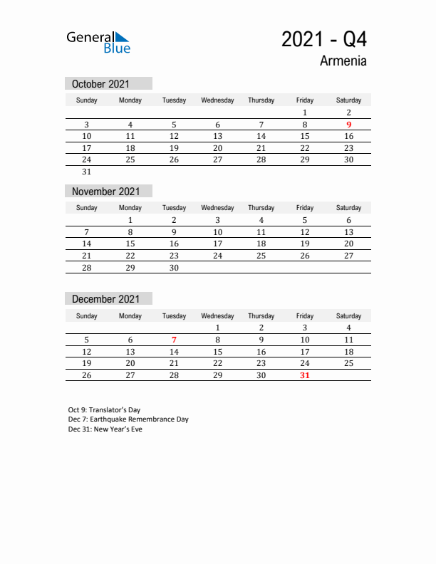 Armenia Quarter 4 2021 Calendar with Holidays
