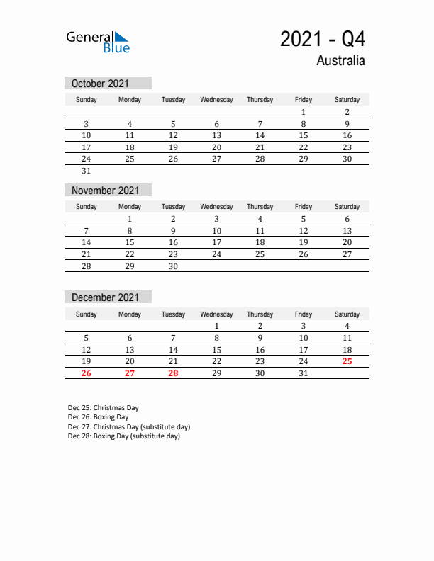 Australia Quarter 4 2021 Calendar with Holidays