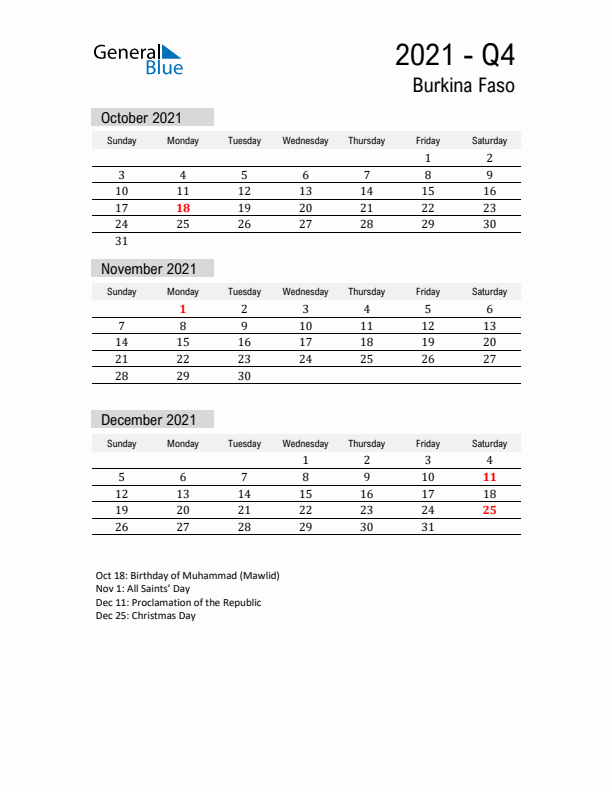 Burkina Faso Quarter 4 2021 Calendar with Holidays