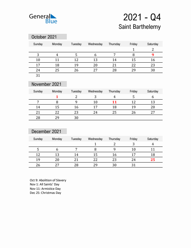 Saint Barthelemy Quarter 4 2021 Calendar with Holidays