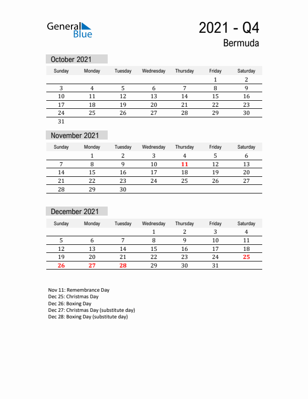 Bermuda Quarter 4 2021 Calendar with Holidays