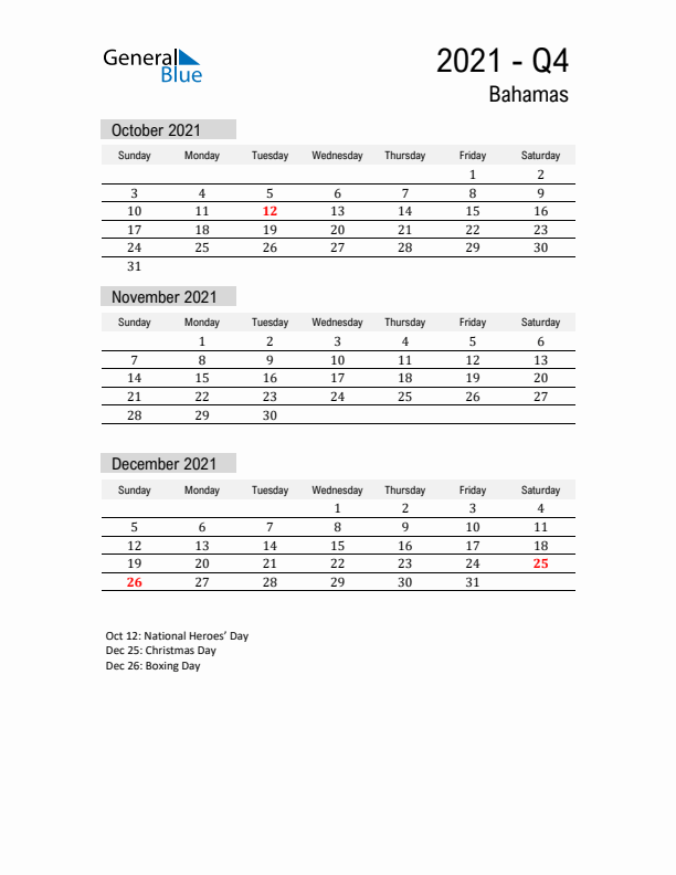 Bahamas Quarter 4 2021 Calendar with Holidays