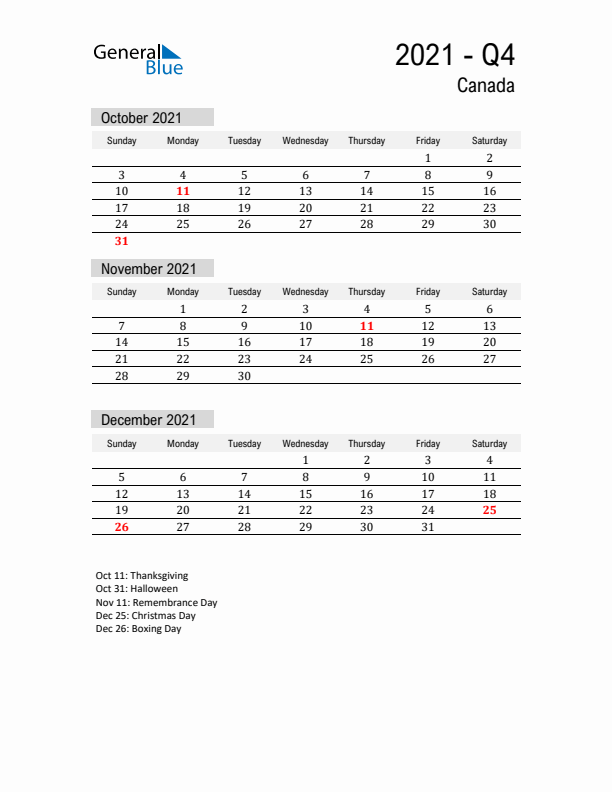 Canada Quarter 4 2021 Calendar with Holidays