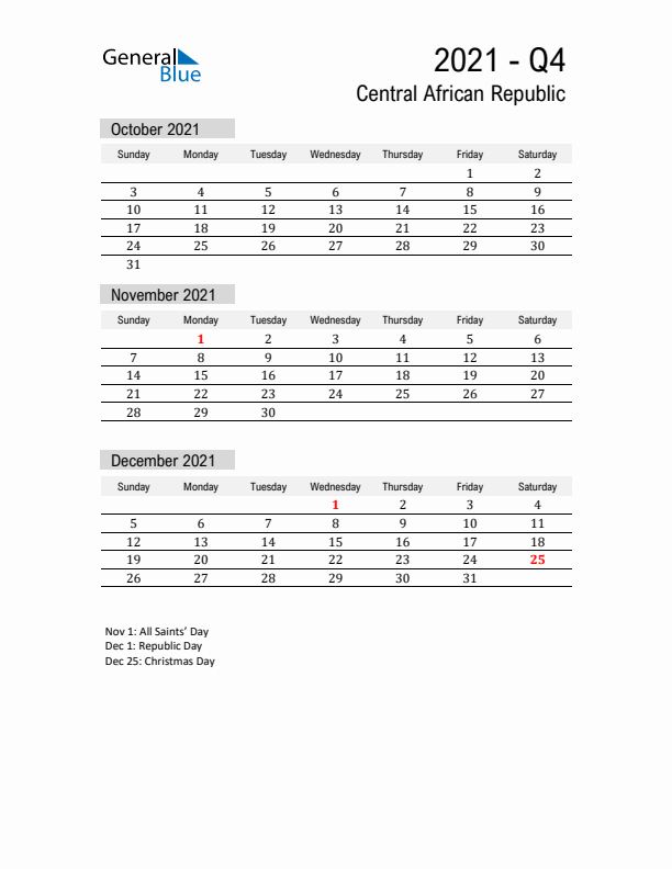 Central African Republic Quarter 4 2021 Calendar with Holidays