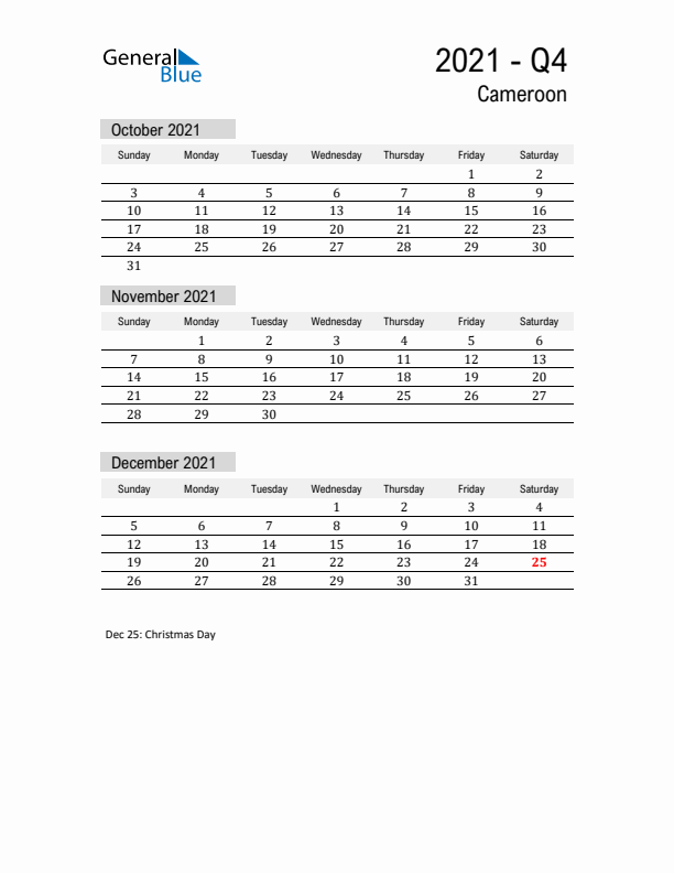 Cameroon Quarter 4 2021 Calendar with Holidays