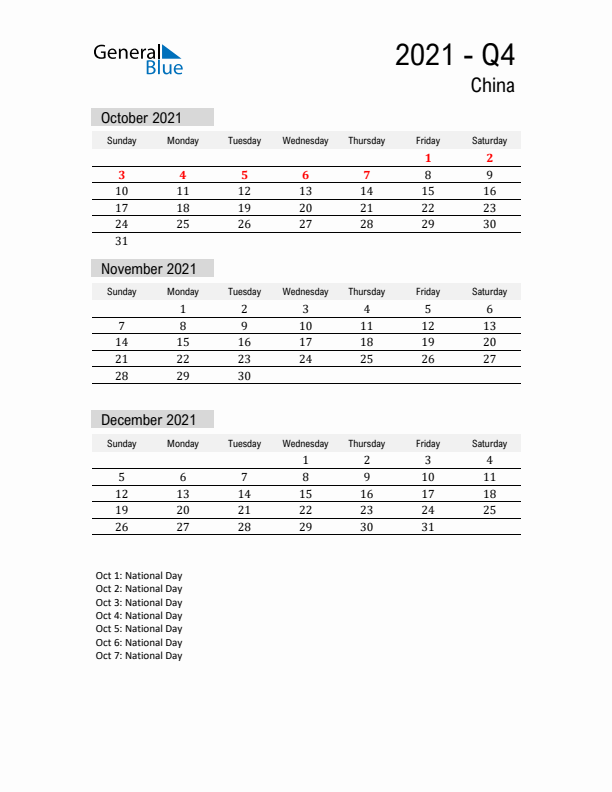 China Quarter 4 2021 Calendar with Holidays