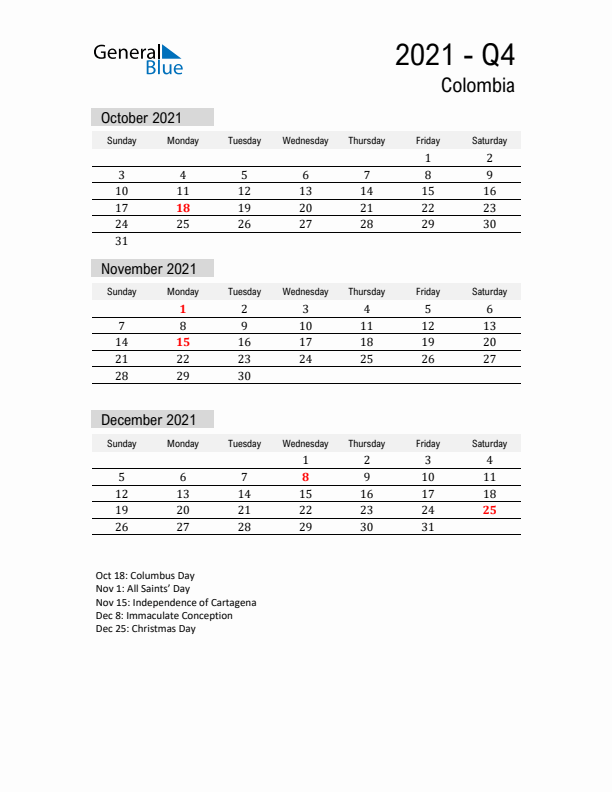 Colombia Quarter 4 2021 Calendar with Holidays