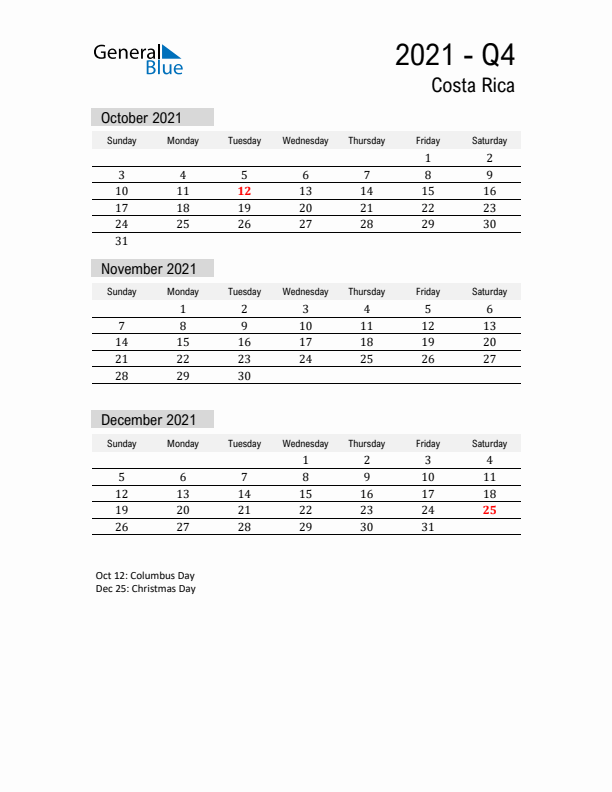 Costa Rica Quarter 4 2021 Calendar with Holidays