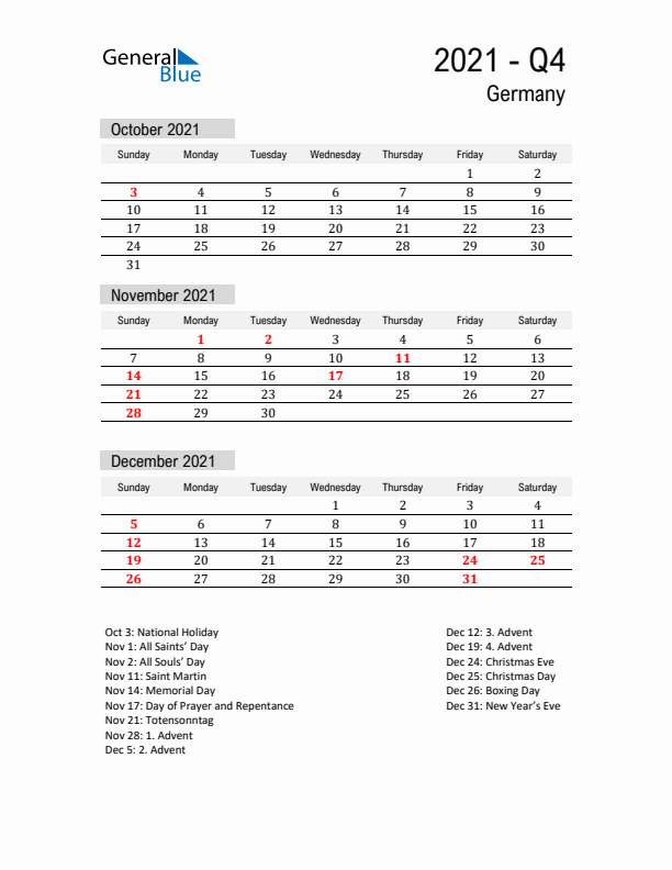 Germany Quarter 4 2021 Calendar with Holidays