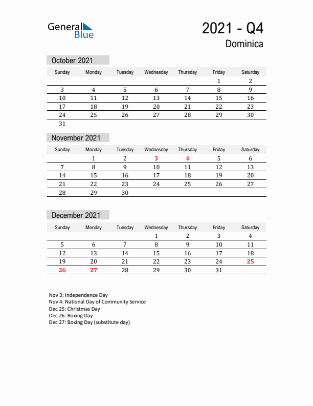 Dominica Quarter 4 2021 Calendar with Holidays