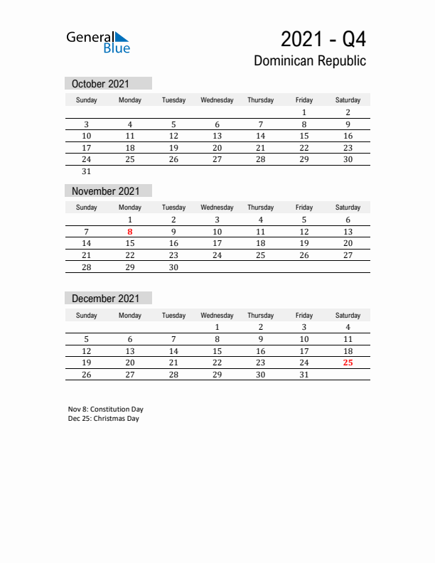 Dominican Republic Quarter 4 2021 Calendar with Holidays