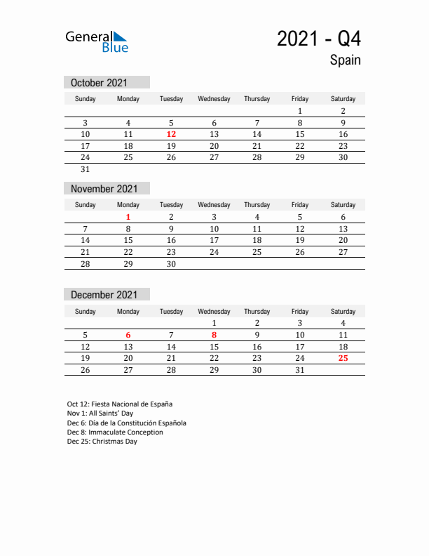 Spain Quarter 4 2021 Calendar with Holidays