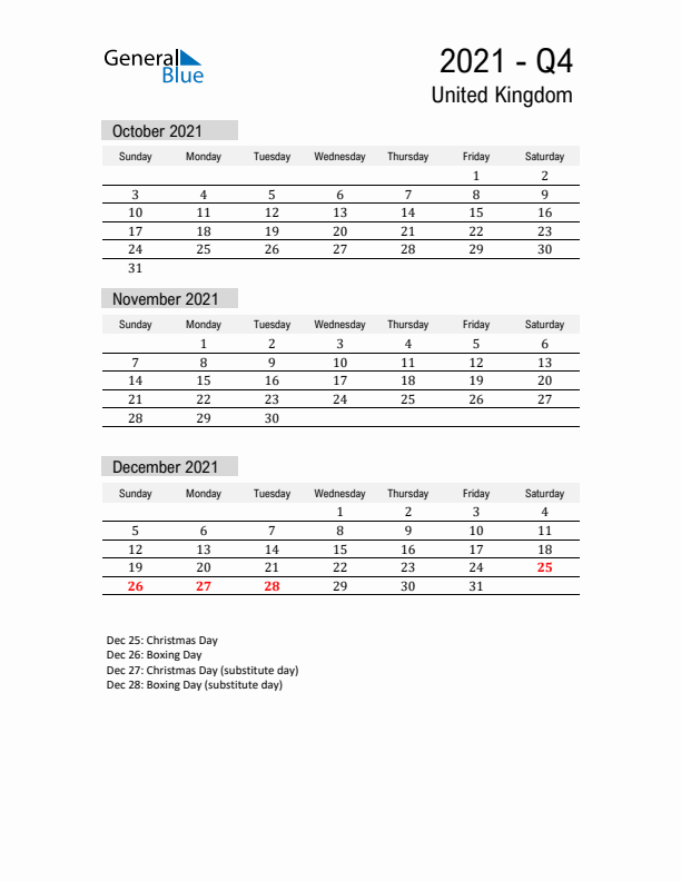 United Kingdom Quarter 4 2021 Calendar with Holidays