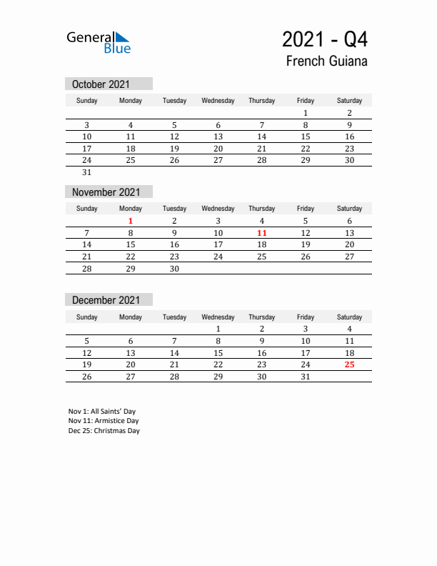 French Guiana Quarter 4 2021 Calendar with Holidays