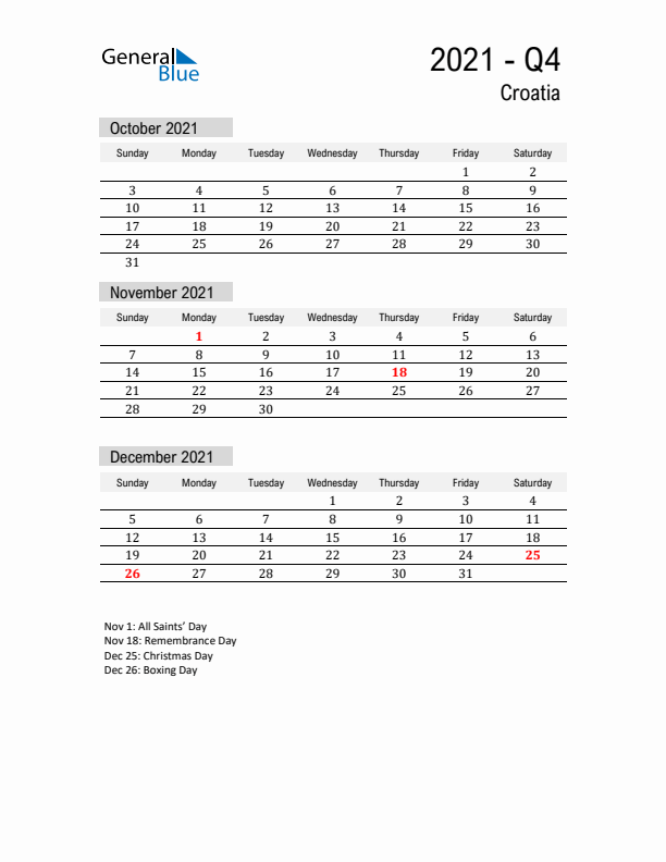 Croatia Quarter 4 2021 Calendar with Holidays