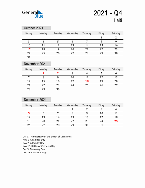 Haiti Quarter 4 2021 Calendar with Holidays