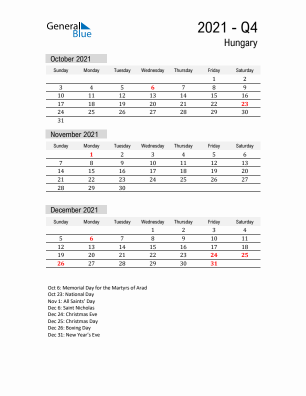 Hungary Quarter 4 2021 Calendar with Holidays