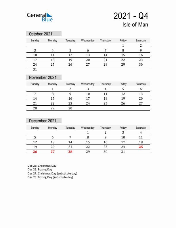 Isle of Man Quarter 4 2021 Calendar with Holidays