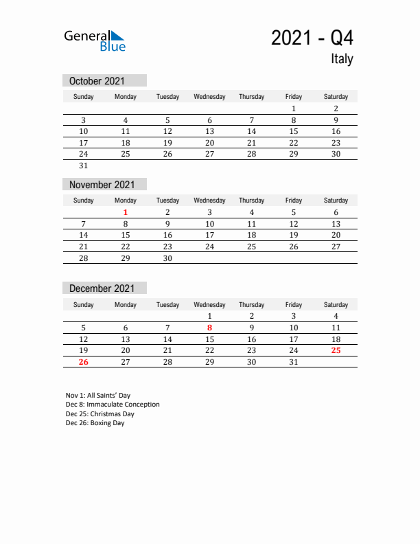 Italy Quarter 4 2021 Calendar with Holidays