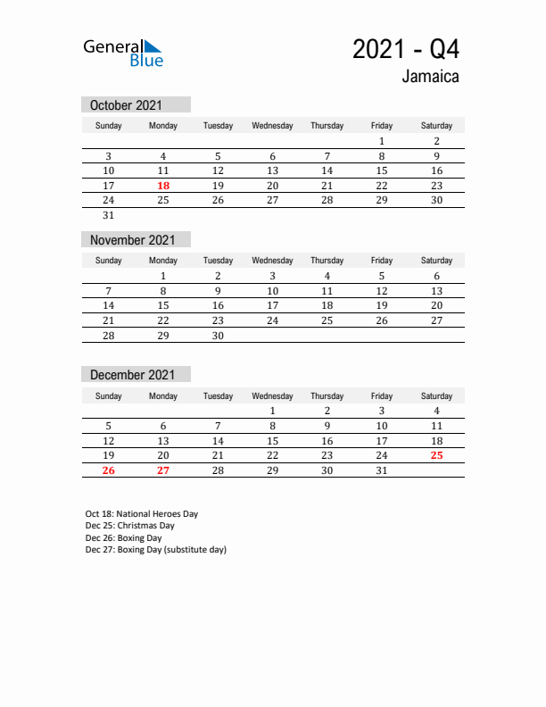 Jamaica Quarter 4 2021 Calendar with Holidays