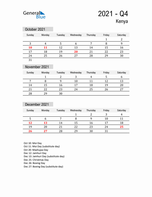 Kenya Quarter 4 2021 Calendar with Holidays