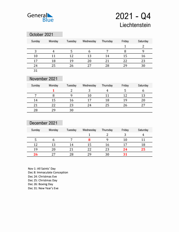 Liechtenstein Quarter 4 2021 Calendar with Holidays