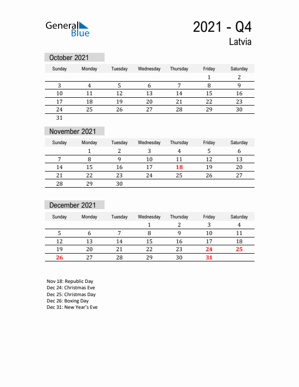 Latvia Quarter 4 2021 Calendar with Holidays