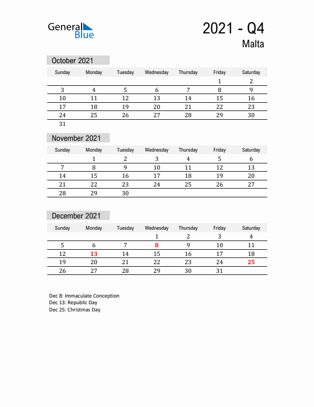 Malta Quarter 4 2021 Calendar with Holidays