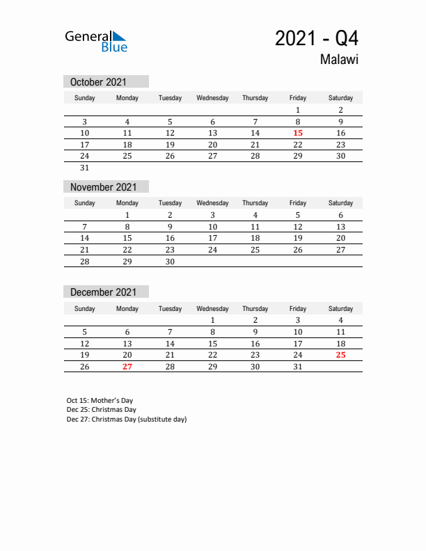 Malawi Quarter 4 2021 Calendar with Holidays