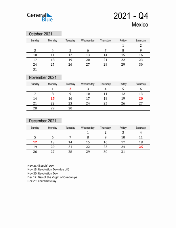 Mexico Quarter 4 2021 Calendar with Holidays