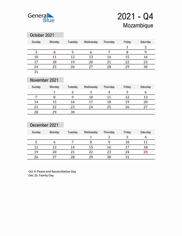 Mozambique Quarter 4 2021 Calendar with Holidays