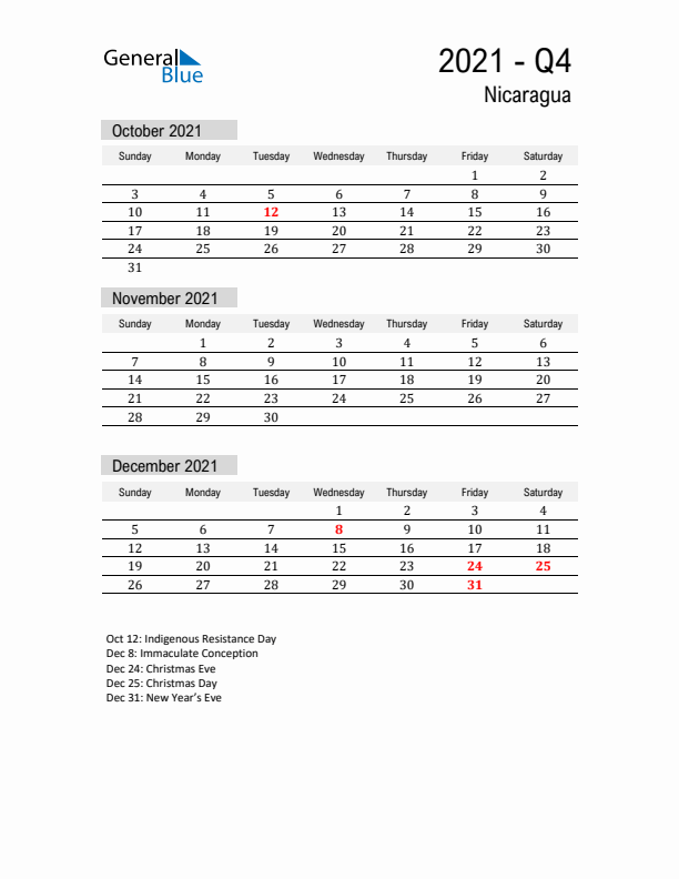 Nicaragua Quarter 4 2021 Calendar with Holidays
