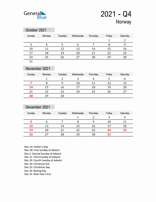 Norway Quarter 4 2021 Calendar with Holidays