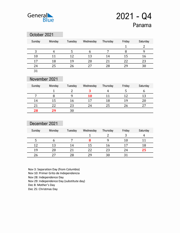 Panama Quarter 4 2021 Calendar with Holidays