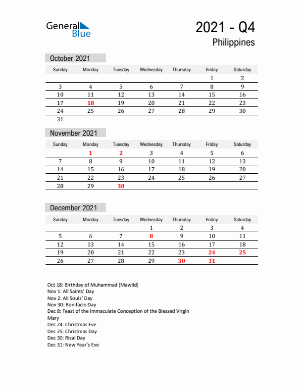 Philippines Quarter 4 2021 Calendar with Holidays